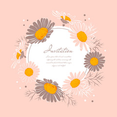 Flowers wedding invitation Chamomile background Daisy wreath. Elegant floral card with text space. Vector isolated illustration