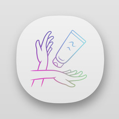 Sunblock, moisturizing hand cream app icon. UI/UX user interface. Feminine hygiene, body care. Web or mobile application. Vector isolated illustration. Cosmetology, skincare product, suntan protection