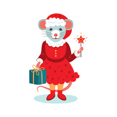 Cute rat character Christmas Card. Cartoon mouse holds a gift and a sparkler. Christmas cartoon rat, Vector illustration