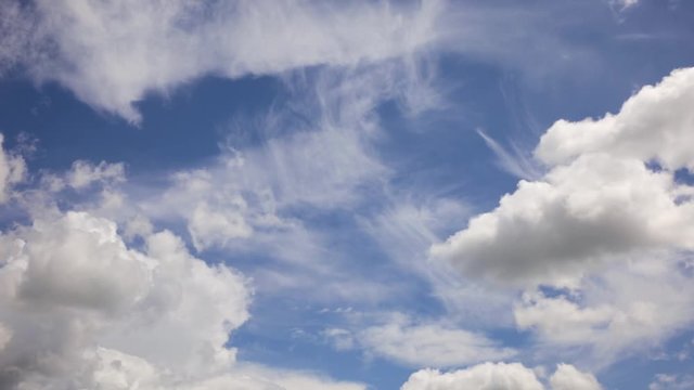 Real time full hd video footage of beautiful amazing blue sky with peaceful soft different texture white clouds moving in heaven blowing by soft wind.