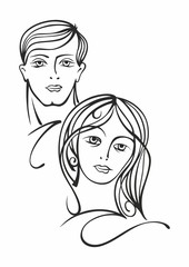 Male and Woman's face. Abstract minimalistic linear sketch. Vector hand drawn illustration