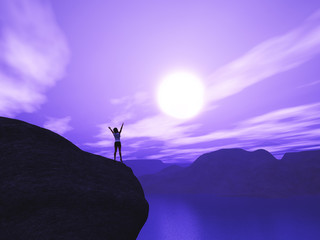 3D female stood on cliff with arms raised in joy against sunset landscape