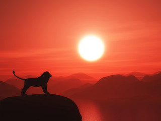 Fototapeta na wymiar 3D lion silhouetted against a sunset ocean landscape