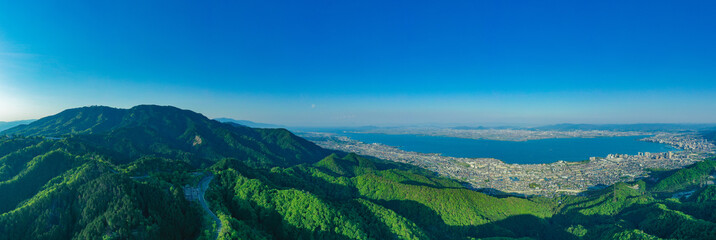 京都　滋賀　空撮　比叡山　琵琶湖　ドローン　写真素材