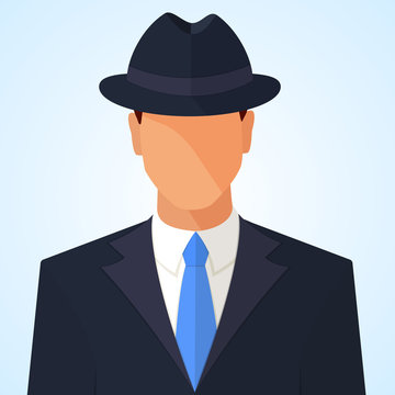 Man In A Fedora Hat And A Suit Without Face. Detective, Secret Agent, Mafia Character. Flat Style Colorful Vector Illustration Icon Isolated On Blue Background.