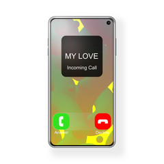 Incoming  phone call from contact named My love on a mobile cell phone. Symbol of love, relationship, marriage, parenting, friendship. 