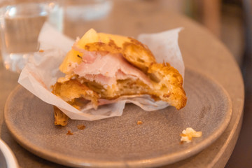 Cheese ham toasted croissant and latte coffee simple breakfast snack set