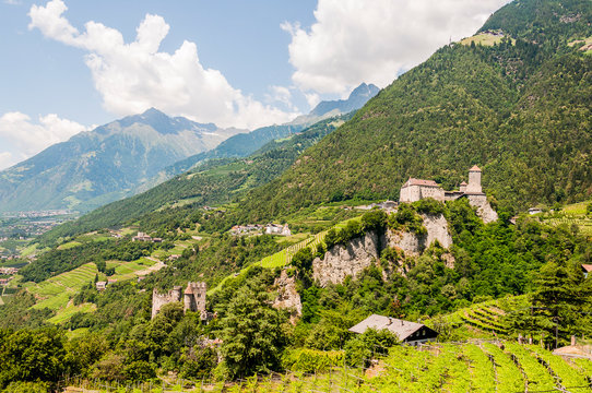 Dorf Tirol, Schloss Tirol, St. Peter, Kirche, Brunnenburg, Weinberg, Waalweg, Vinschgau, Sommer, S&uuml;dtirol, Italien
