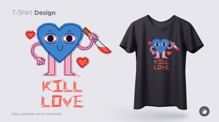 Crazy heart with knife. Prints on T-shirts, sweatshirts, cases for mobile phones, souvenirs. Isolated vector illustration on white background.