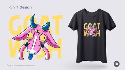 Funny goat. Prints on T-shirts, sweatshirts, cases for mobile phones, souvenirs. Isolated vector illustration on white background.