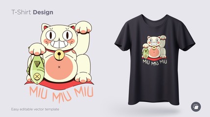 Maneki neko cat.Prints on T-shirts, sweatshirts, cases for mobile phones, souvenirs. Isolated vector illustration on white background.