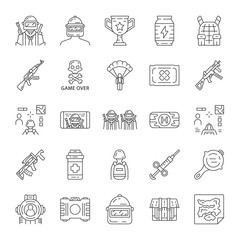 Online game inventory linear icons set. Online multiplayer battle royale. Esports equipment. Computer game tools.Thin line contour symbols. Isolated vector outline illustrations. Editable stroke