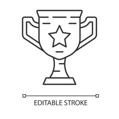 Gamer winning cup linear icon. Virtual video game prize, award, reward. Esports championship. Champion, winner trophy. Thin line illustration. Contour vector isolated outline drawing. Editable stroke