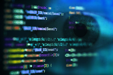 Software computer programming code against the background of the human eye. Abstract technology background.