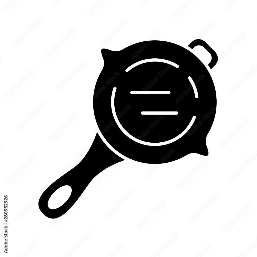 Sticker Frying pan glyph icon. Virtual video game stainless steel kitchenware. Food cooking inventory. Computer game player tool. Cookware. Silhouette symbol. Negative space. Vector isolated illustration