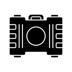 Game container, kit glyph icon. Construction tools, item storage. Player inventory. Plastic box with handle. Cybersport equipment. Silhouette symbol. Negative space. Vector isolated illustration