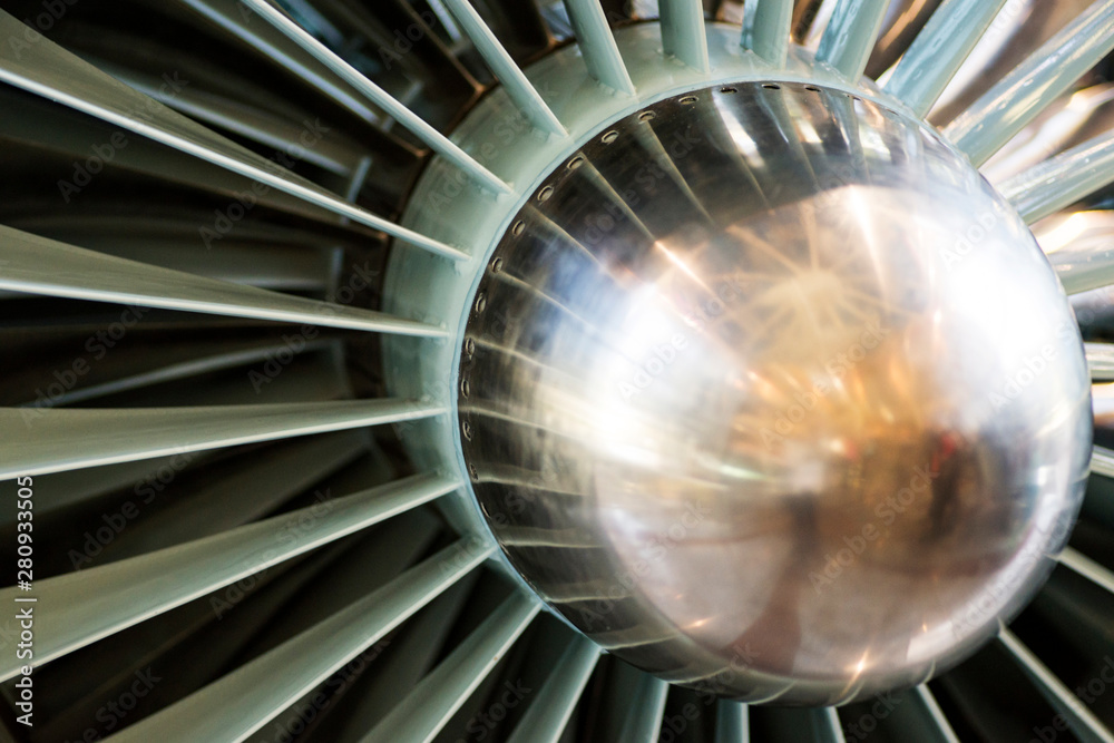 Wall mural this close up image of a business aircraft jet engine inlet fan. turbine of airplane