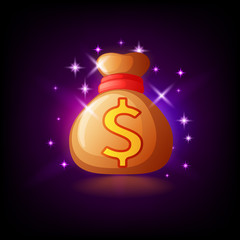 Sparkling bag with money, slot icon for online casino or logo for mobile game on dark purple background, vector illustration.