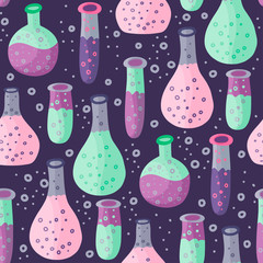 Seamless vector school pattern in a flat style. Research, experiment test tube laboratory illustration. Lab chemical biology science flask.