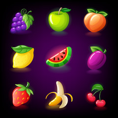 Colorful fruit slots icon set for casino slot machine, gambling games, icons for mobile arcade and puzzle games vector