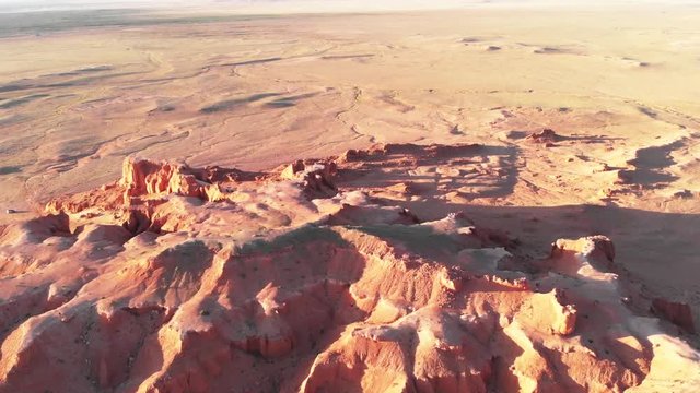 Aerial view of the Bayanzag, flaming cliffs, Gobi Desert, Mongolia