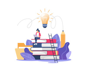 Person gains knowledge for success and better ideas. Education, online courses and business, distance education, online books and study guides, exam preparation, home schooling, vector illustration.