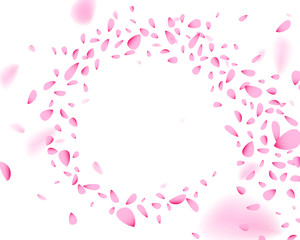 Fototapeta na wymiar Swirling pink flower petals in the wind, on white isolated background. Soft elegant decoration element with blurred effect, 3D illustration.