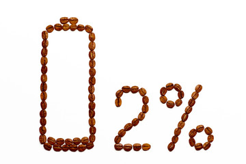 Battery charge 2% of coffee beans on a white background.