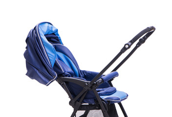 Blue pushchair isolated on white background