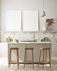 mock up poster frame in modern interior background, kitchen, Scandinavian style, 3D render, 3D illustration