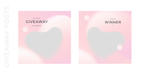 Vector abstract giveaways post template set. Pink color romantic style fluid shapes. Giveaway and winner frame. Design for social media blog advertising, promotion, announcement, freebies, message, ad