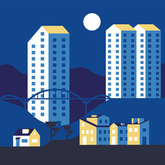 City  landscape buildings, hills and trees in a minimalist flat geometric style. Constructor for banners, web site headers, covers. Vector illustration.