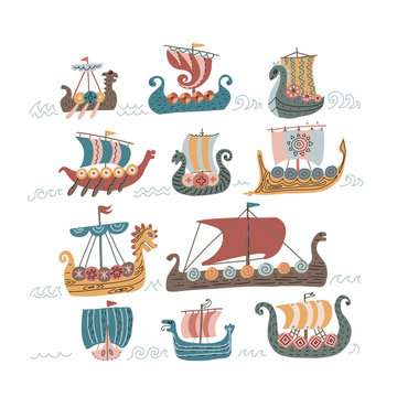 Viking scandinavian draccars set, Norman ship with color vector Illustrations isolated on a white background. 11 viking boat norway drakkar vector doodle icons for kids