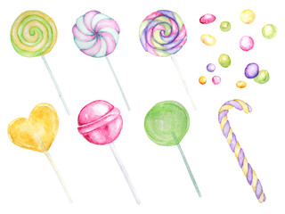 Bright colors candy set. Lollipops bright colors set on white background. Watercolor hand drawn candies illustration for menu design, cards, invitations.