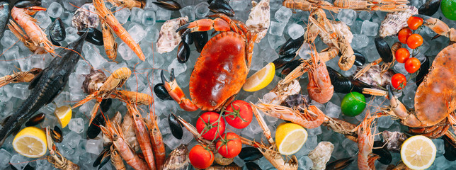 Seafood on ice. Crabs, sturgeon, shellfish, shrimp, Rapana, Dorado, on white ice.