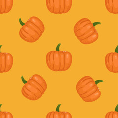 Food vector seamless pattern. Vegetables and fruits texture with pumpkin. Healthy nutrition background illustration.