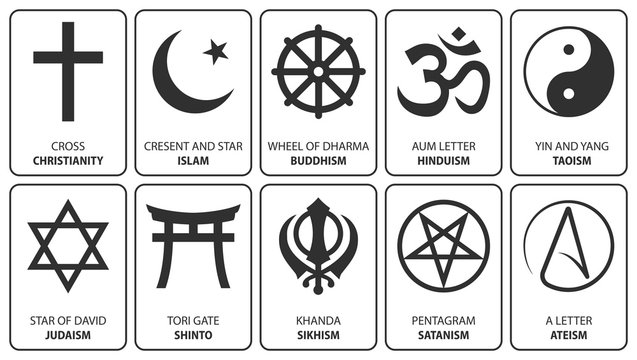 Religious symbols isolated on white. Vector illustrations.