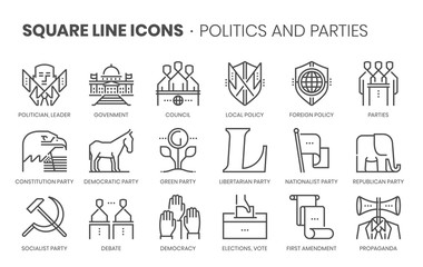 Politics and parties related, square line vector icon set for applications and website development. The icon set is pixelperfect with 64x64 grid. Crafted with precision and eye for quality.
