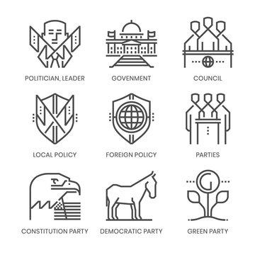Politics and parties related, square line vector icon set for applications and website development. The icon set is pixelperfect with 64x64 grid. Crafted with precision and eye for quality.