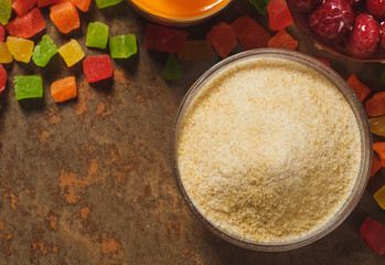 Gelatin and candied fruit. Top view.
