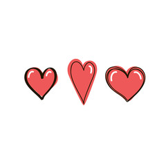 Set of red hearts in the doodle style. Vector hand drawn Illustration