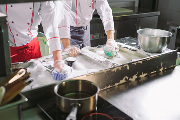 Sanitary day in the restaurant. Repeats wash your workplace. Cooks wash oven, stove and extractor in the Restaurant.