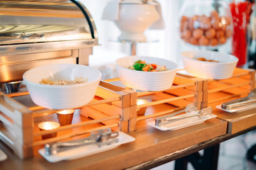 Ingredients for scrambled eggs in a hotel or restaurant. show kitchen.