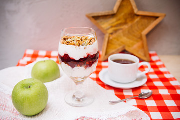 Cherry yoghurt parfait with crispy granola and cup of tea