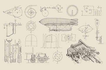 large collection of vector steampunk design elements: graphs, charts and construction drawings for dirigibles and various machines - obrazy, fototapety, plakaty