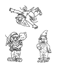 Funny gnomes set,  in hat flying on small wings, sweet tooth gnome eating lollipops, cool one smoking pipe, outline doodle sketch vector illustration, perfect for card, invitation, greeting design