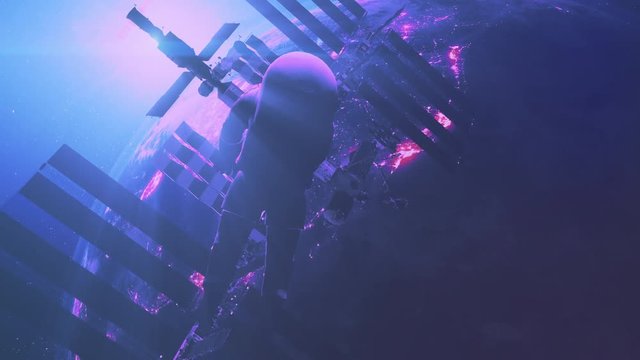 motion graph spaceman silhouette against International Space Station and planet Earth under purple light. 3d animation. Science and technology concept. 4K. Elements of this media furnished by NASA