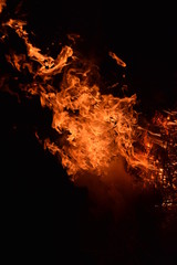 Burning of rice straw at night.