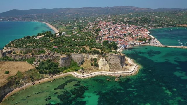 Aerial drone video of iconic medieval castle in small picturesque village of Koroni, Messinia, Peloponnese, Greece