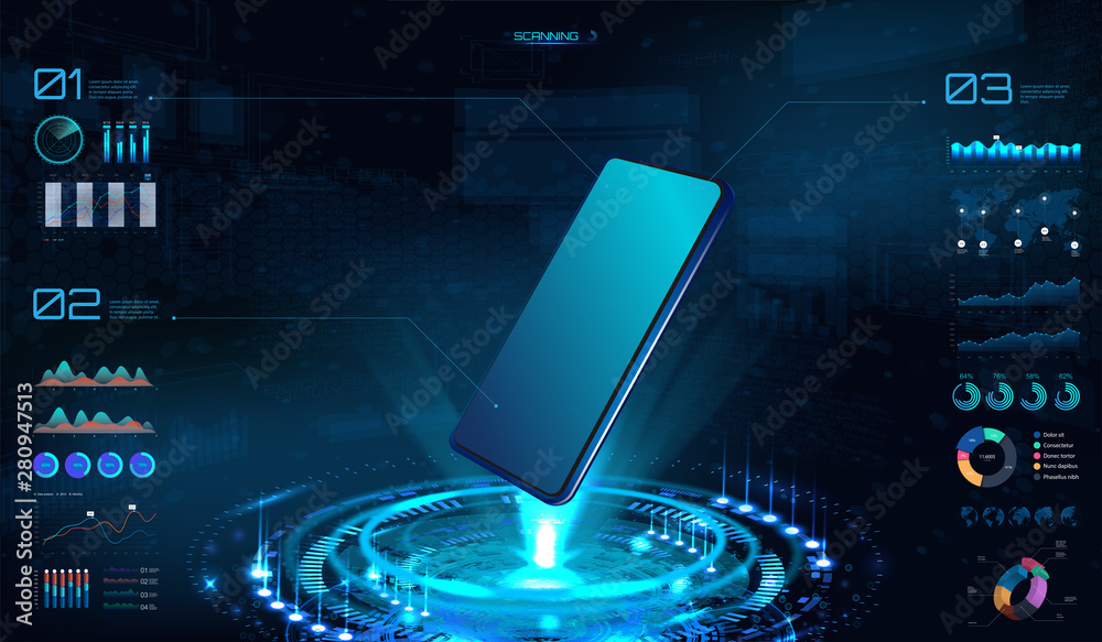 Poster Smartphone futuristic mockup, Hologram with mobile phone. HUD interface, UI,UX,KIT presentation banner with element interface ( data and charts). Innovative product analysis in HUD style. Vector image